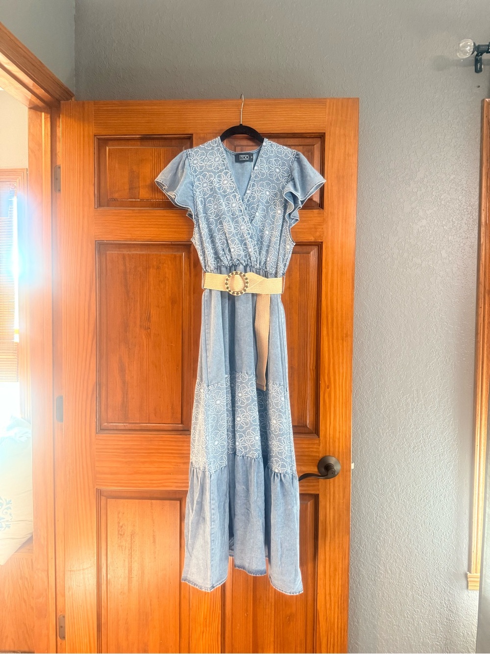 Light Blue Embroidered Denim Dress with Decorative Belt